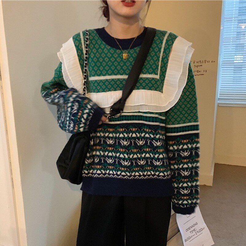 여성용 메시 패치 워크 가을 시크 니트 풀오버, 2021 년 심플한 라운드넥 겉옷, 빈티지 스웨터, 루즈한 오피스 레이디, 가을 점퍼